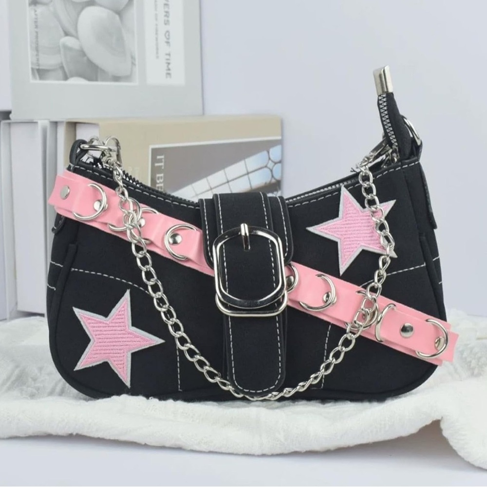 Black and Pink Star-Embellished Women's Bag